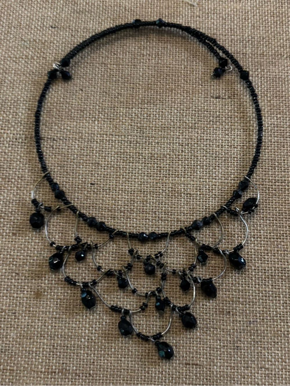Vintage Gothic Victorian Black Seed Bead Scalloped Y2K Bib Choker Necklace